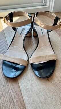 Miu Miu Patent Leather Two Tone Block Heel Ankle Strap Sandals Size 38